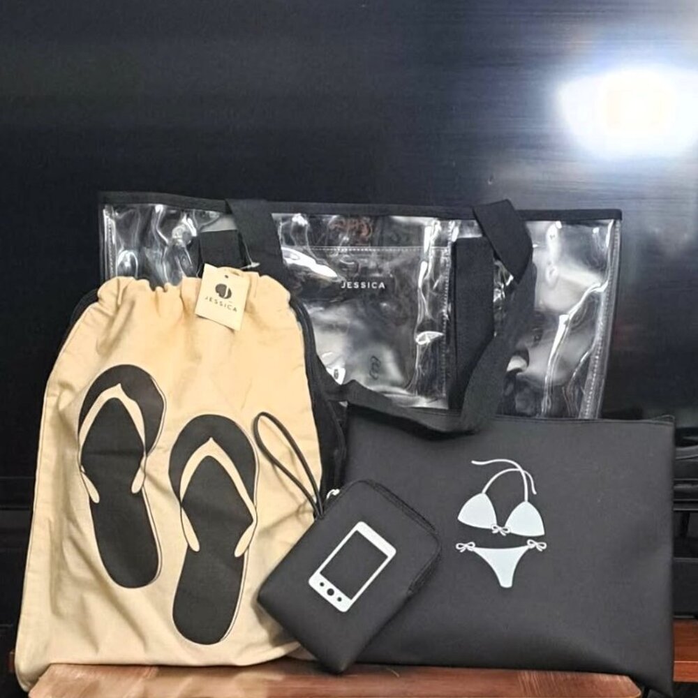 Brand New Jessica 4-Pc Clear Travel Tote Iconic Pouches for Swim, Slippers,Phone
